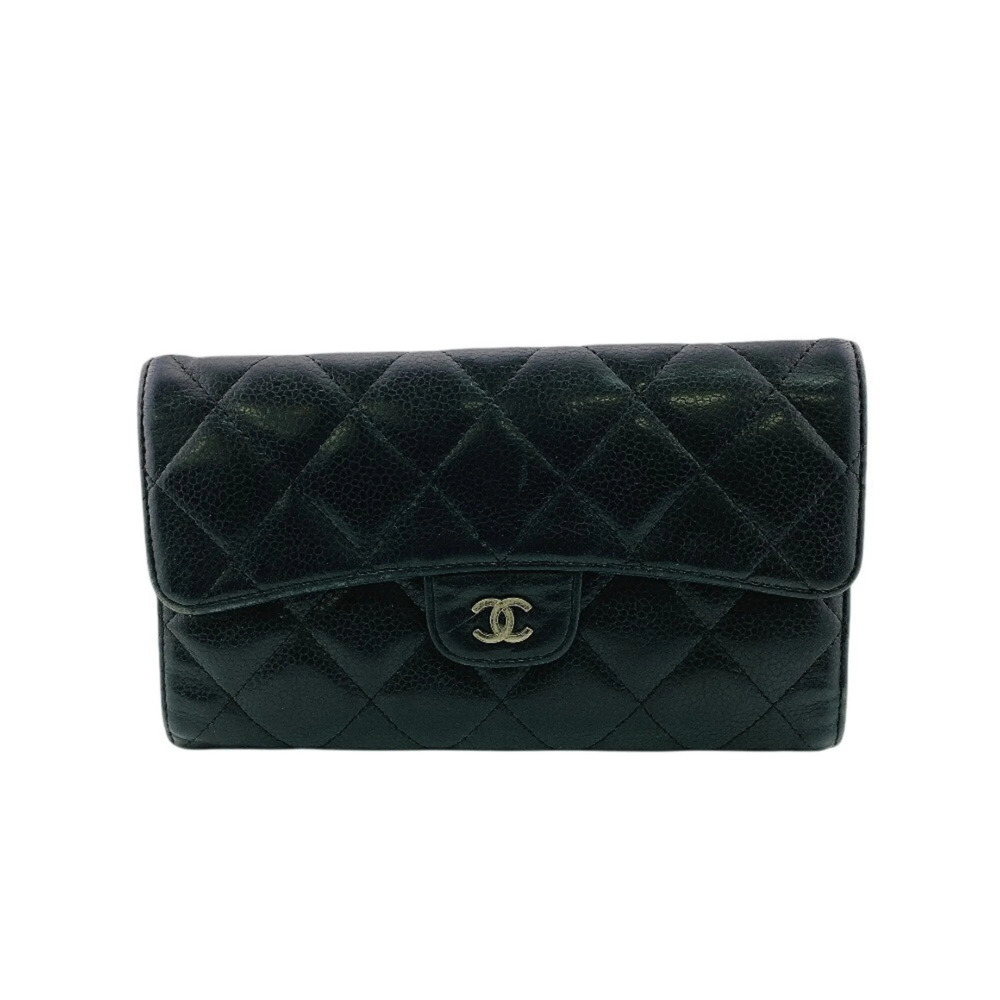 Chanel Coco Mark Matelassé Leather Tri-fold Long Wallet, Black, Women's